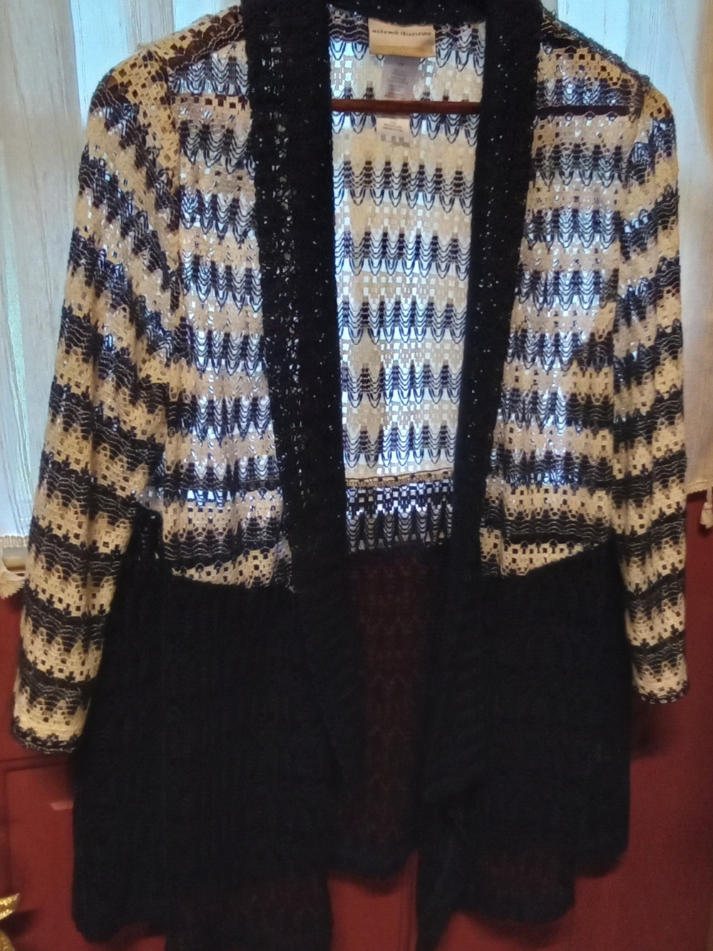 Alfred Dunner Black and White Open-Front Knit Cardigan